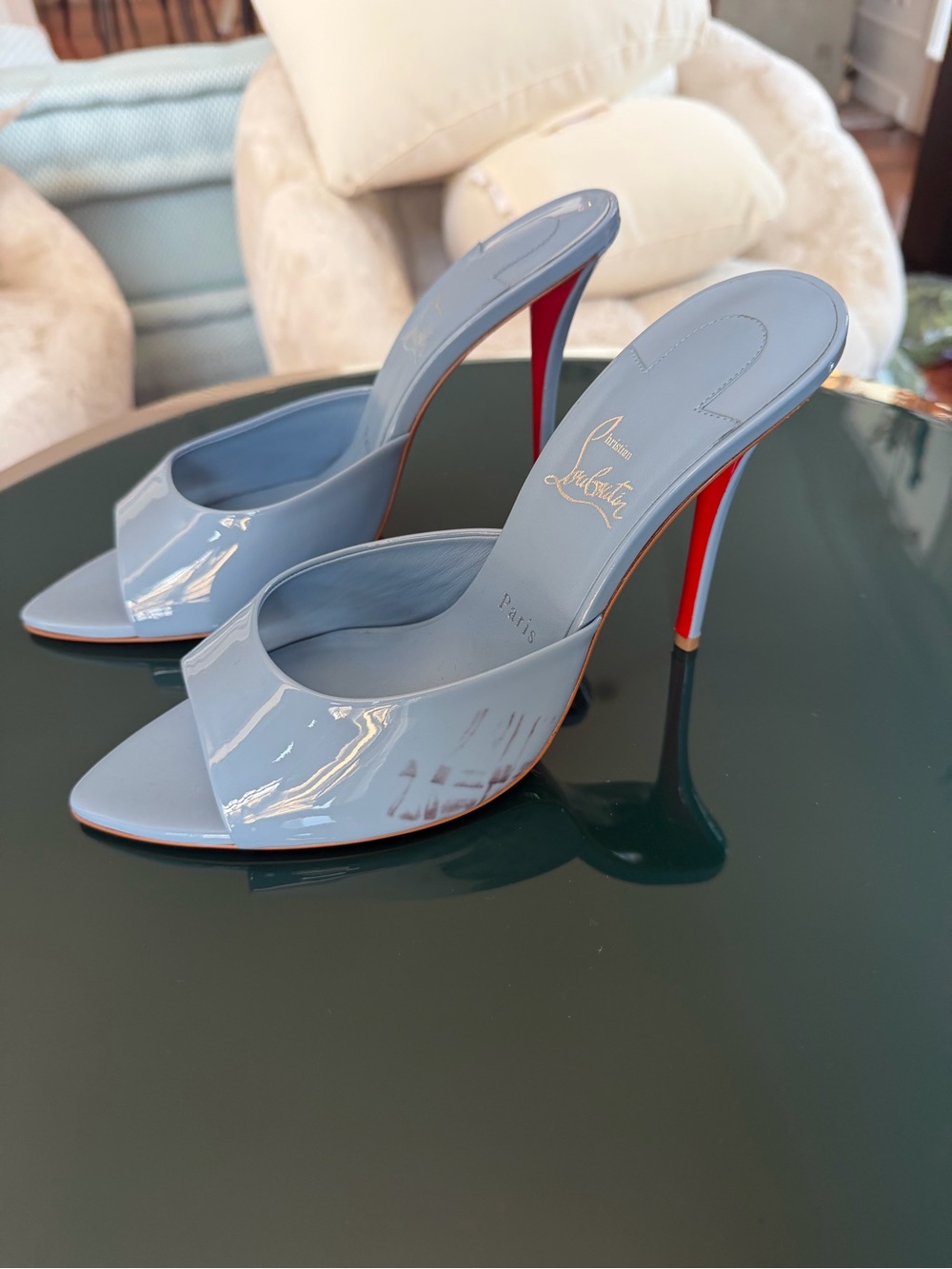 Christian Louboutin Light Blue Patent Leather Slide Mules with Red Heel - Picture 6 of 8